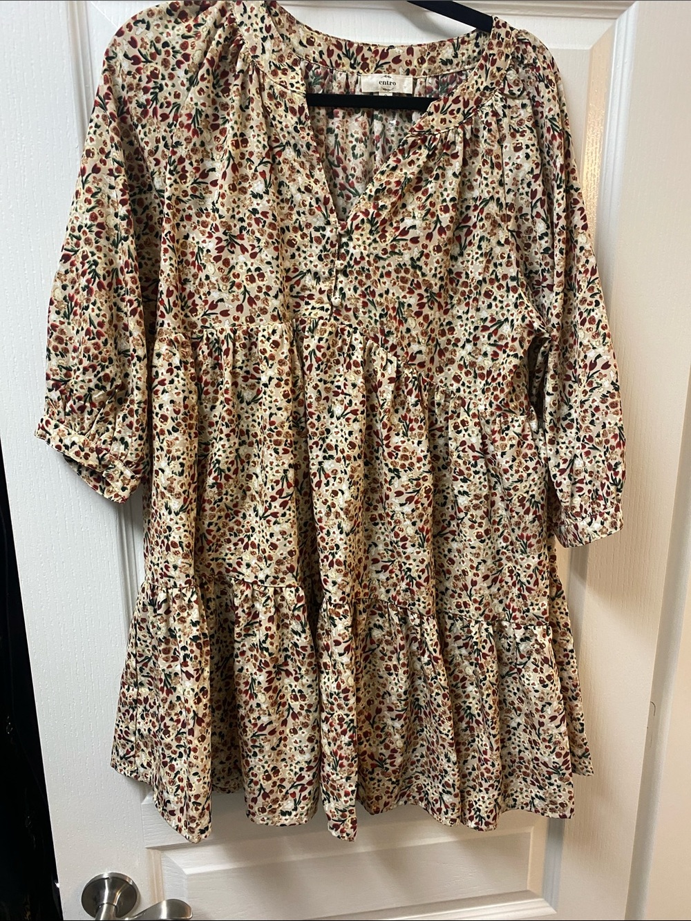 Cozy Floral Tiered Tunic Dress - Cream with Red & Green